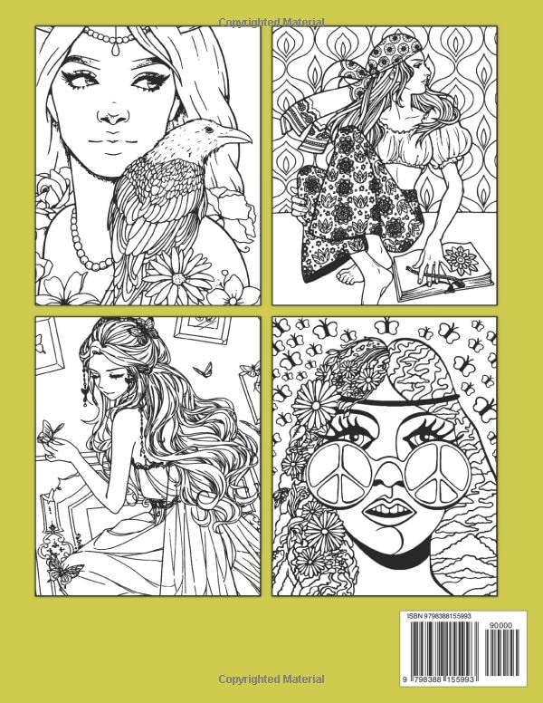 Hippie Girls Coloring Book: Beautiful Coloring Pages With 60s & 70s Groovy Hippy Women Dress Illustrations To Color And Relieve Stress | Grown-Ups