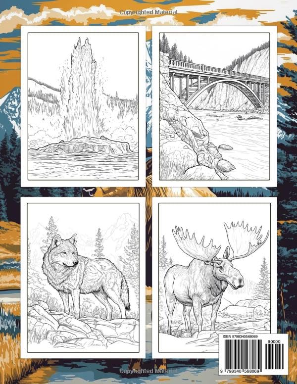 Yellowstone National Parks Coloring Book: 50 Detailed Illustrations of Landscapes, Wild Animals, and Yellowstone’s Natural Wonders for Relaxation and Stress Relief, Perfect for Adults and Kids