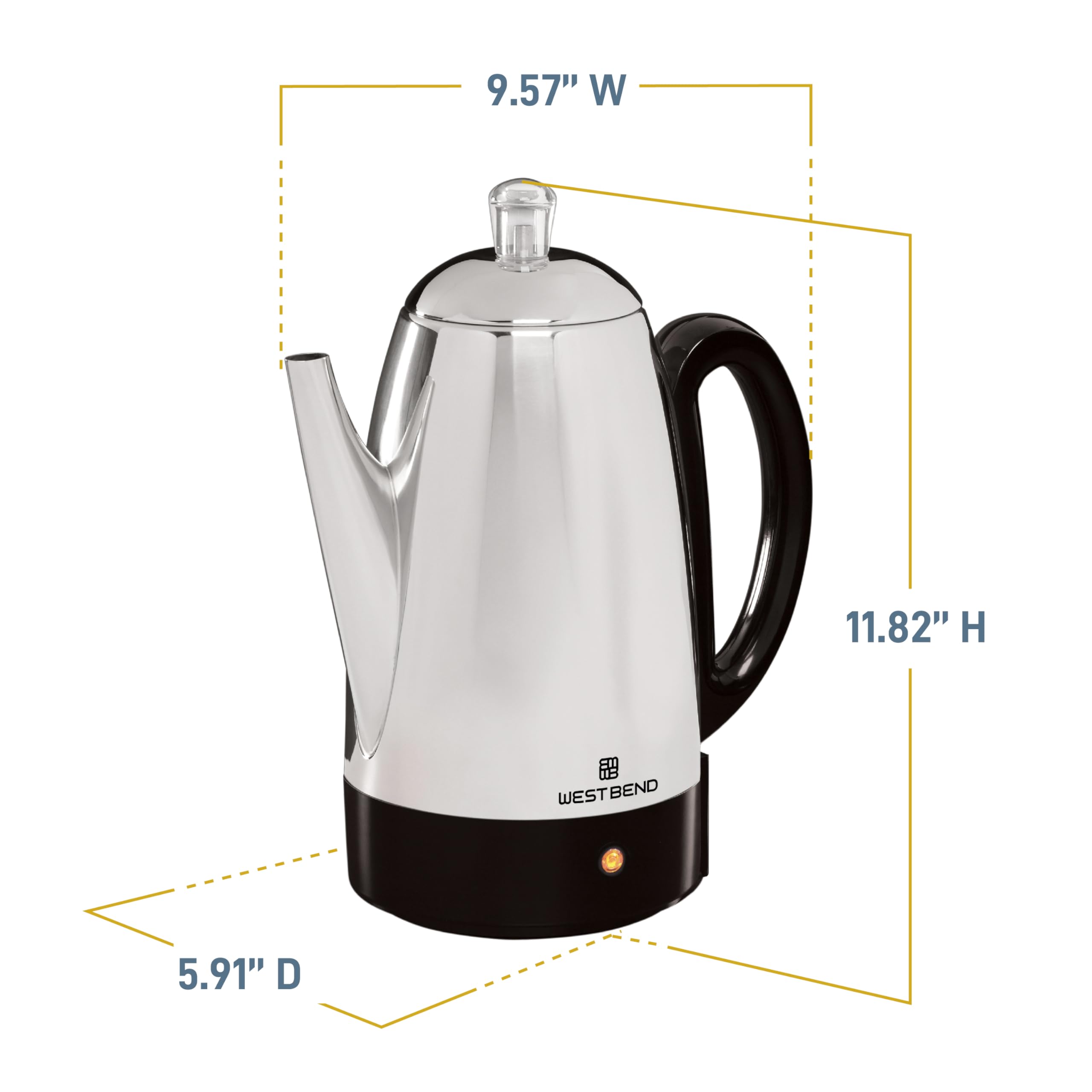 West Bend Electric Percolator Classic Style Coffee Maker with Heat Resistant Handle Base and Detachable Cord with Stainless Steel Stem and Basket, 12-Cup, Silver