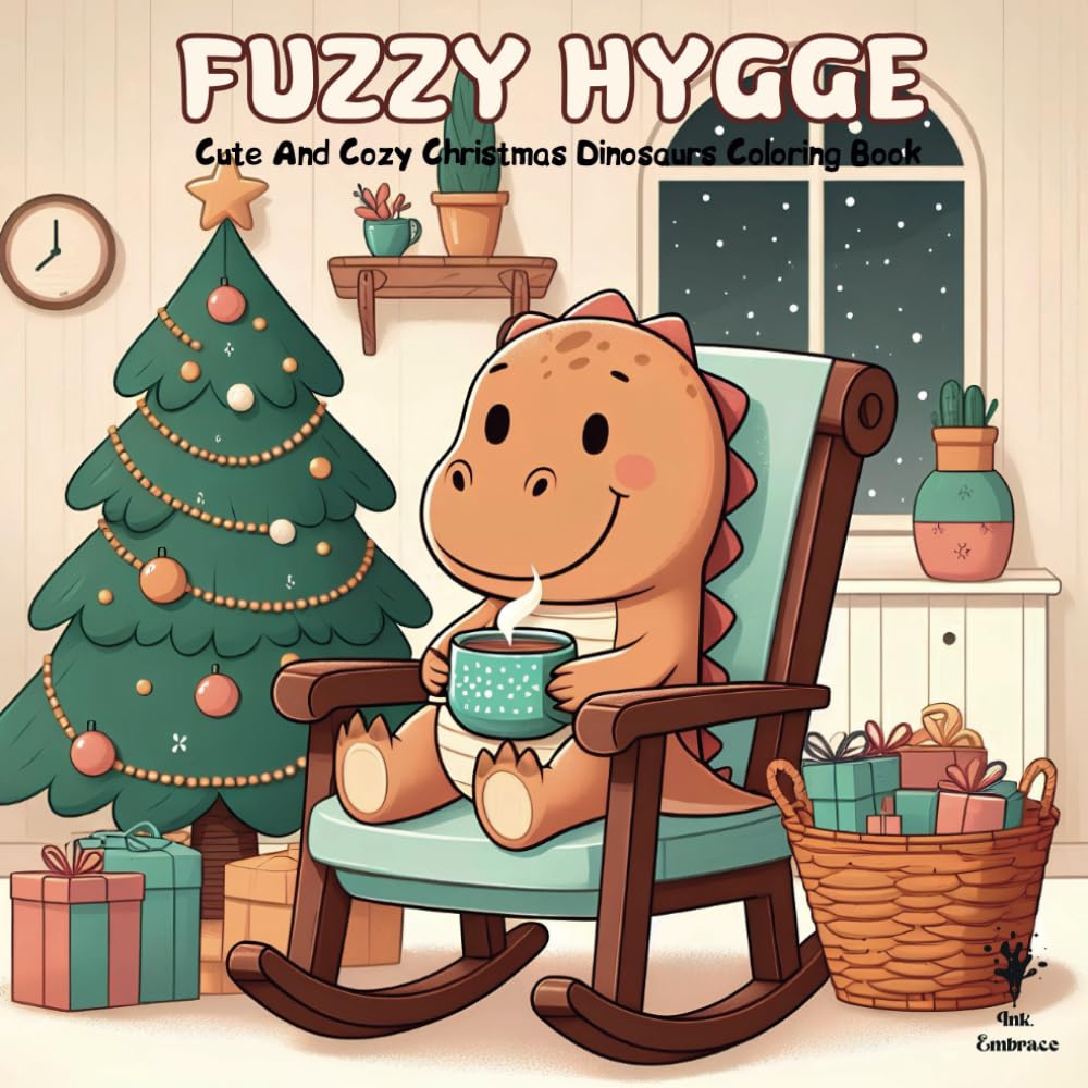 Fuzzy Hygge Cute and Cozy Christmas Dinosaurs Coloring Book: Featuring 50 adorable creatures and their prehistoric best friends enjoying warm holiday scenes