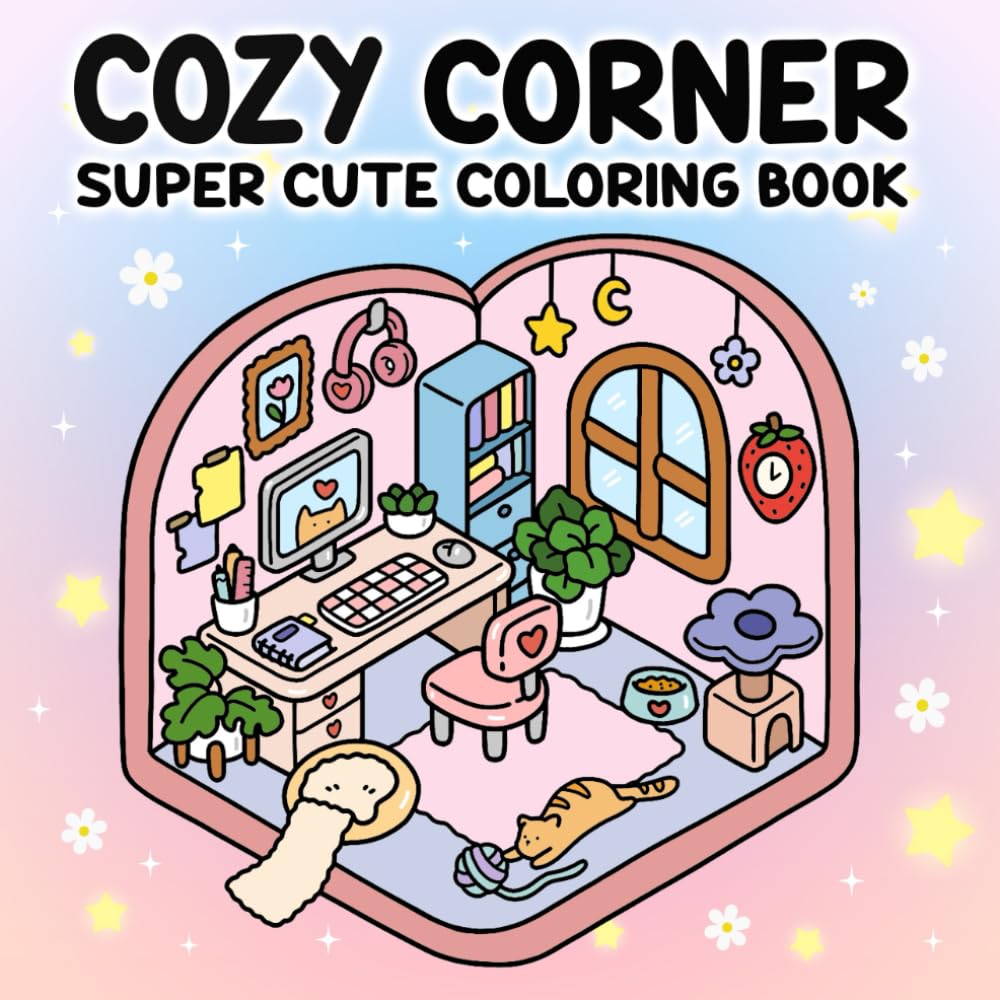 Cozy Corner: Super Cute Coloring Book for Adults and Teens with Cozy Hygge Spaces for Relaxation.