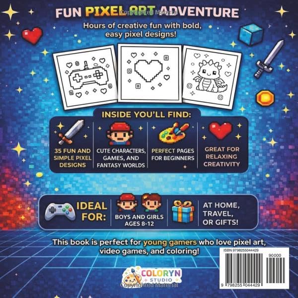 Pixel Art Coloring Book for Kids Ages 8-12: Fun and Easy Video Game Designs with Cute Characters, Monsters, Controllers and Bold Simple Shapes (Gaming Coloring Books for Kids)