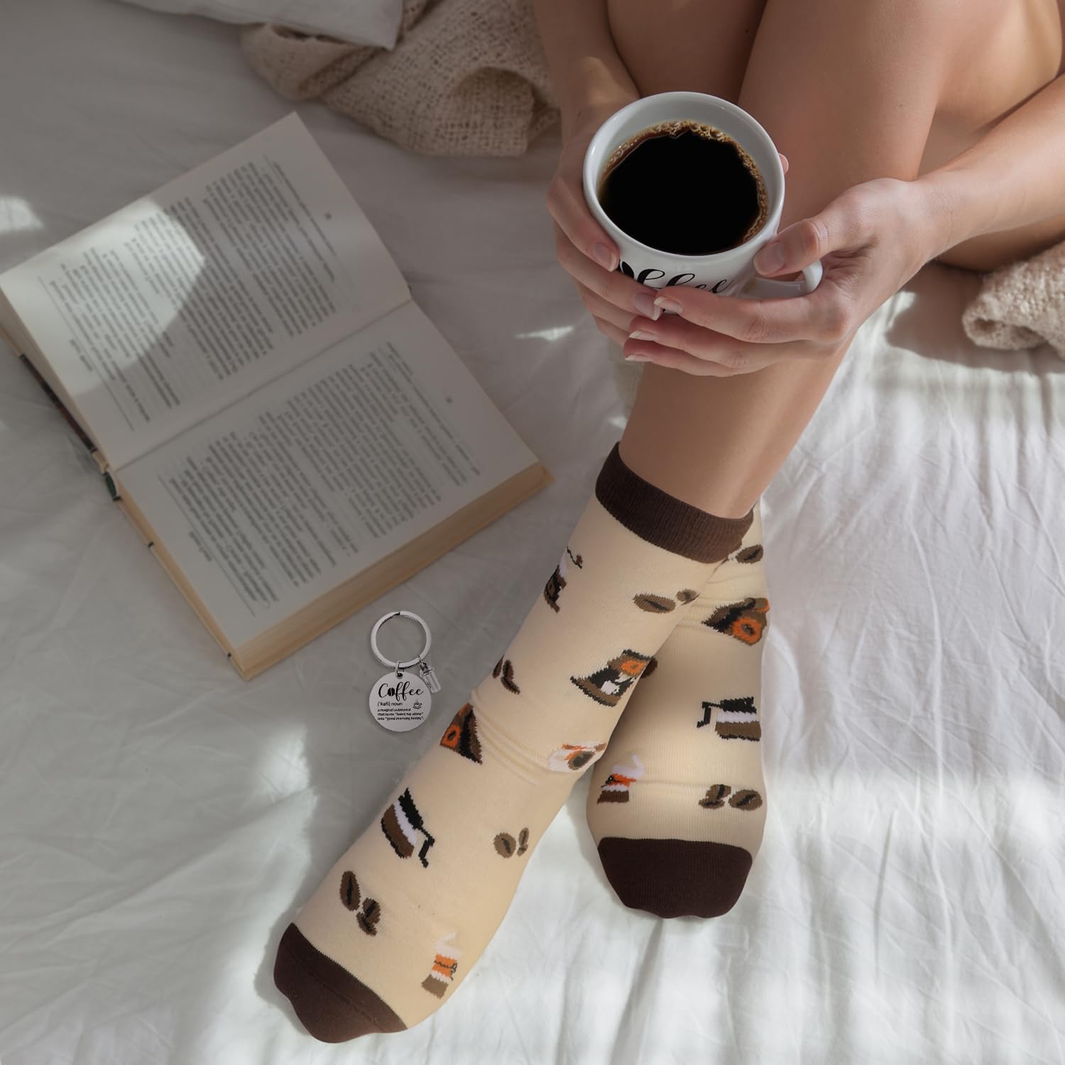 Coffee Lovers Gift Set, 6PCS Coffee Gift Basket, Coffee Lover Gift Set Includes Coffee Mug Spoon Rest Holder Coffee Socks Keychain, Birthday Christmas Gift for Women Men Coffee Lover Friends