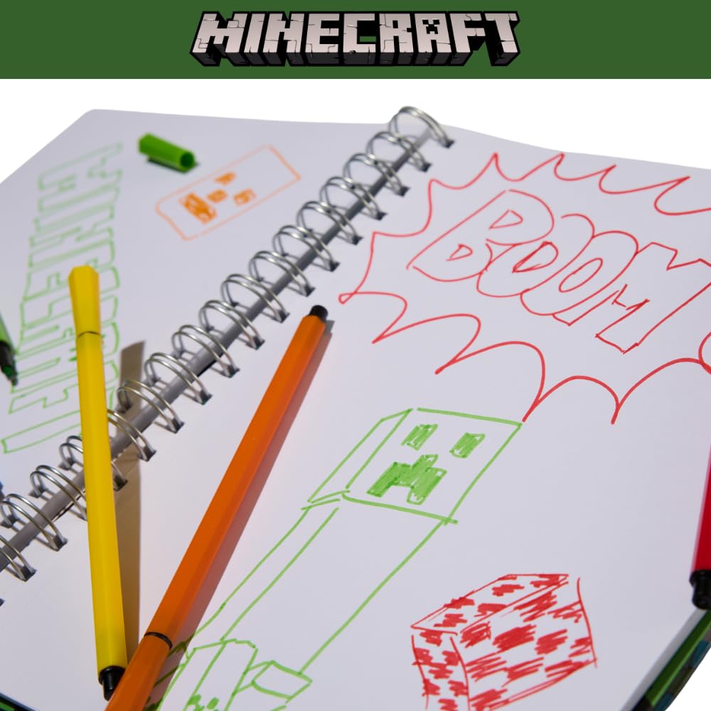 Minecraft Sketchbook Set, 5 Washable Markers, Spiral Bound, 86 Blank Pages