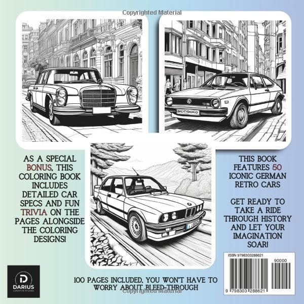 GERMAN RETRO CARS COLORING BOOK: From the Autobahn to Your Imagination: Color Legendary German Cars (Car Coloring Books)