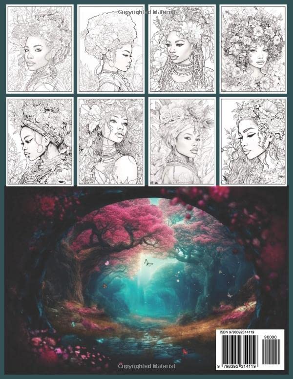 Black Beauties Fantasy Coloring Book for Black Women: 50 Portraits of Black and Brown Ladies in Nature with Flowers and Various Hairstyles Celebrating ... and Girls. Excellent Gift for Relaxation!