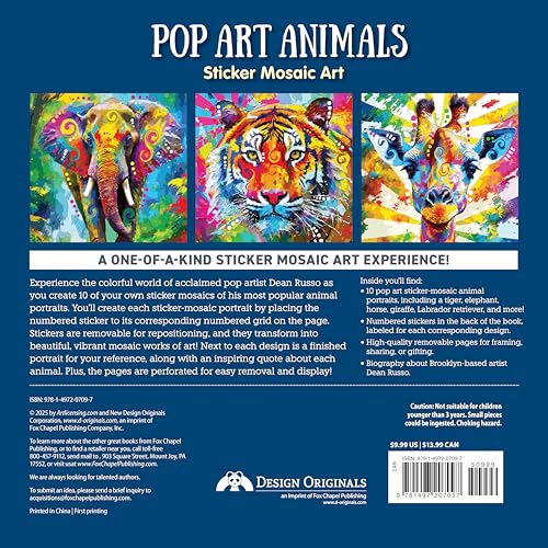 Pop Art Animals Sticker Mosaic Art: 10 Amazing Designs (Design Originals) Sticker by Number Designs for Kids or Adults - Tiger, Elephant, Giraffe, Labrador Retriever, and More, from Artist Dean Russo