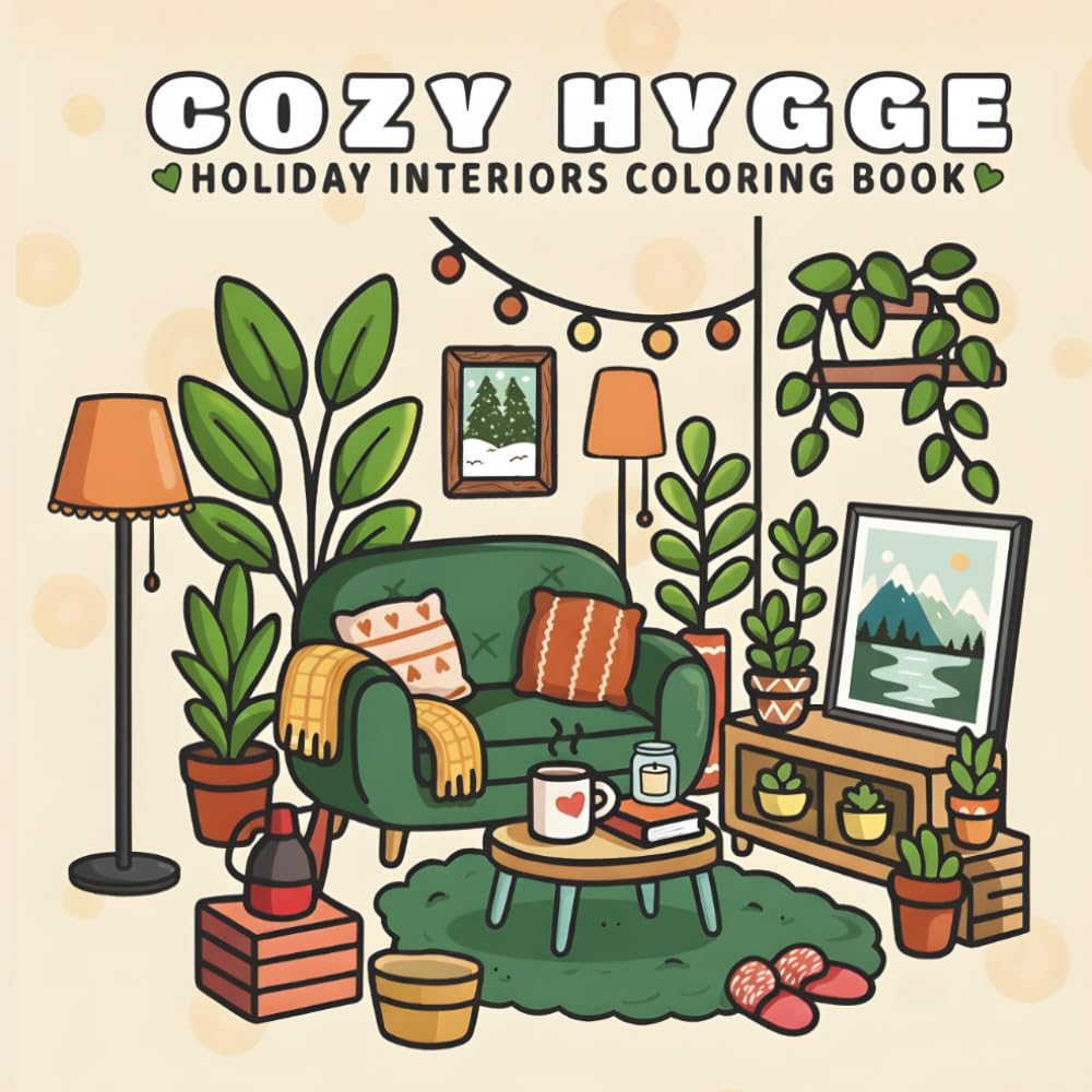 Cozy Hygge Holiday Interiors Coloring Book: Detailed Scandinavian-inspired holiday room scenes featuring fireplaces, winter decorations, and festive ... perfect for adults seeking relaxation