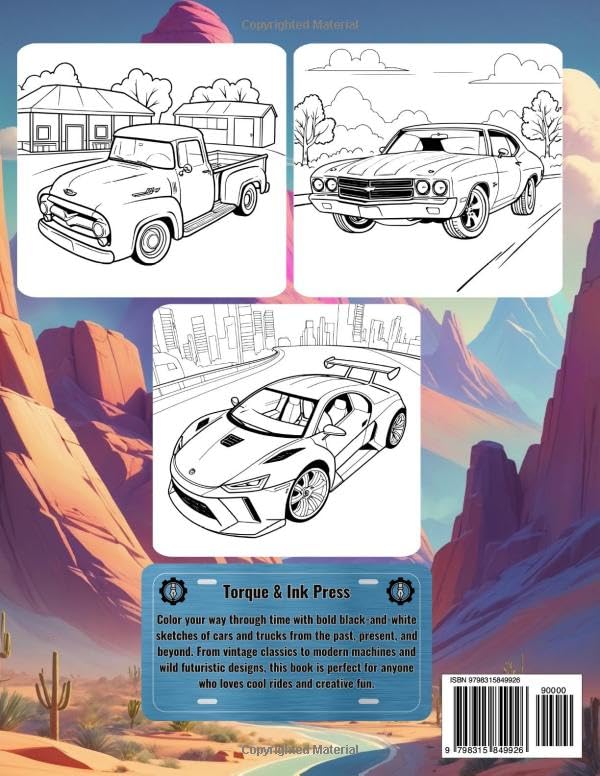 Cars and Trucks Coloring Book for Teens and Adults: A Relaxing Coloring Book Featuring 50 Pages of Classic Cars, Concept Vehicles, Muscle Cars, and Futuristic Designs