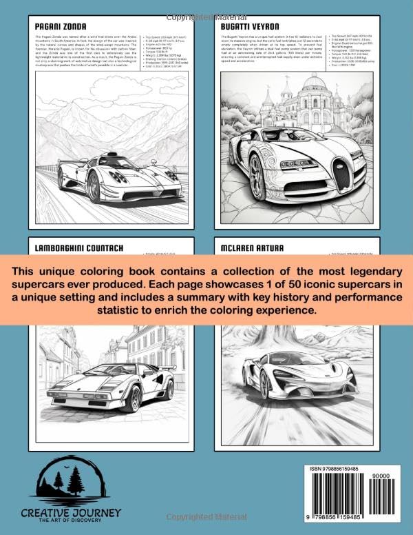 Dream Cars Coloring Book: Top 50 Iconic Supercars. Cool Cars with Unique Facts and Performance Stats for Kids, Adults, Boys and Teens.