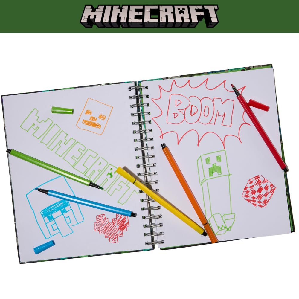 Minecraft Sketchbook Set, 5 Washable Markers, Spiral Bound, 86 Blank Pages