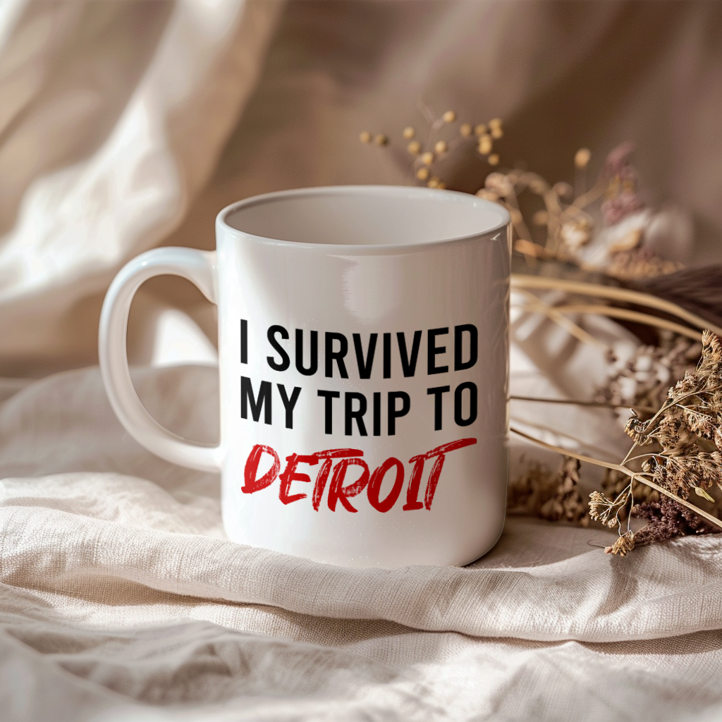 Funny Travel Mug – I Survived My Trip to Detroit, 11oz or 15oz White Ceramic Coffee Mug, Novelty Travel Gift