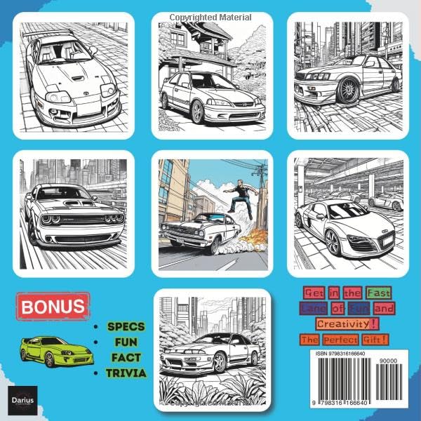 Fast Cars Coloring Book: Iconic Muscle Cars, High-Speed Racing, Legendary Vehicles, and Fun Automotive Trivia for Car Enthusiasts (Car Coloring Books)