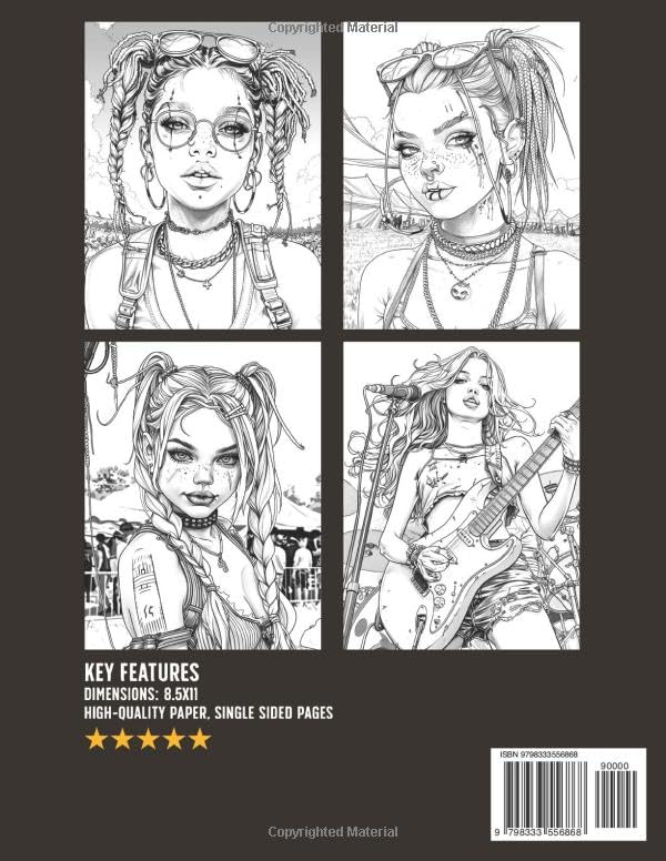 Punk Style Girls Coloring Book: Glamorous Rockstars Coloring Pages Featuring Edgy Girl Illustrations for Teens and Adults Relaxation and Creativity