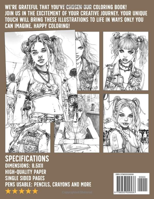 Punk Style Girls Coloring Book: Edgy and Stylish Fun Coloring Pages Featuring Energetic Rock Scene Illustrations for Teens and Adults Relaxation and Fun