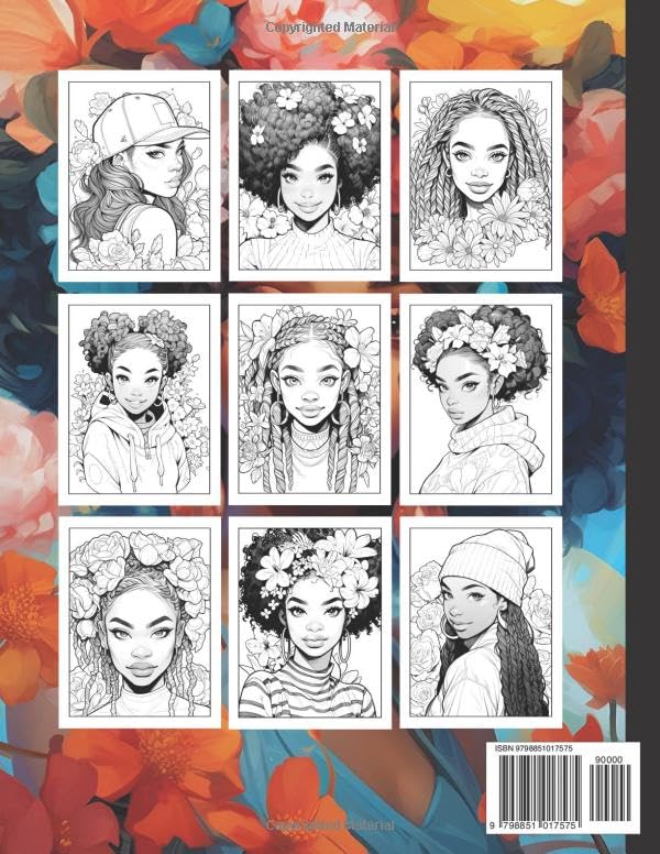 Botanical Beauties: Black Girl Coloring Book For Adults: 50 Portraits of Beautiful Black Women with Flowers and Various Hairstyles | Gift for African American Woman