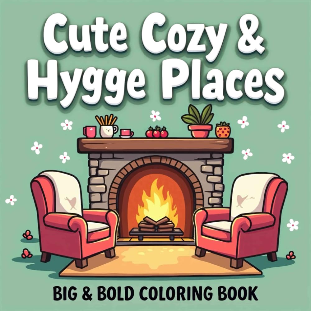 Cute Cozy & Hygge Places: Coloring Book for Adults and Kids with Bold and Big Drawings for Stress Relief Presenting Cozy Corner, Interior Design, Cozy Home, Fireplace, Home Decor and Many More