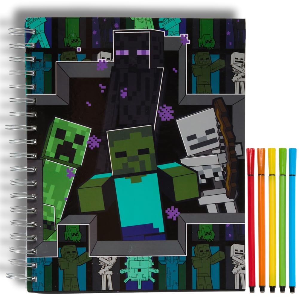Minecraft Sketchbook Set, 5 Washable Markers, Spiral Bound, 86 Blank Pages