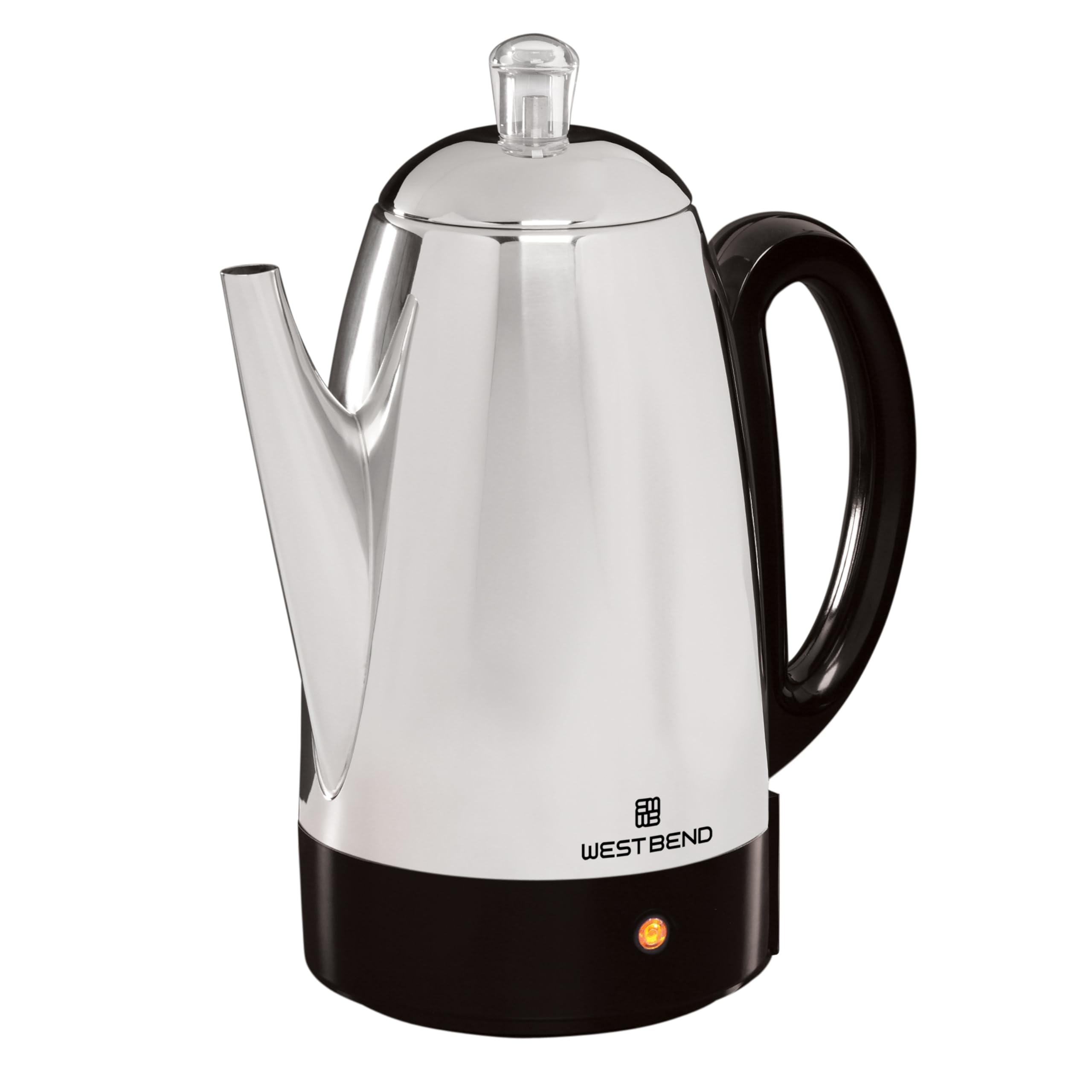 West Bend Electric Percolator Classic Style Coffee Maker with Heat Resistant Handle Base and Detachable Cord with Stainless Steel Stem and Basket, 12-Cup, Silver