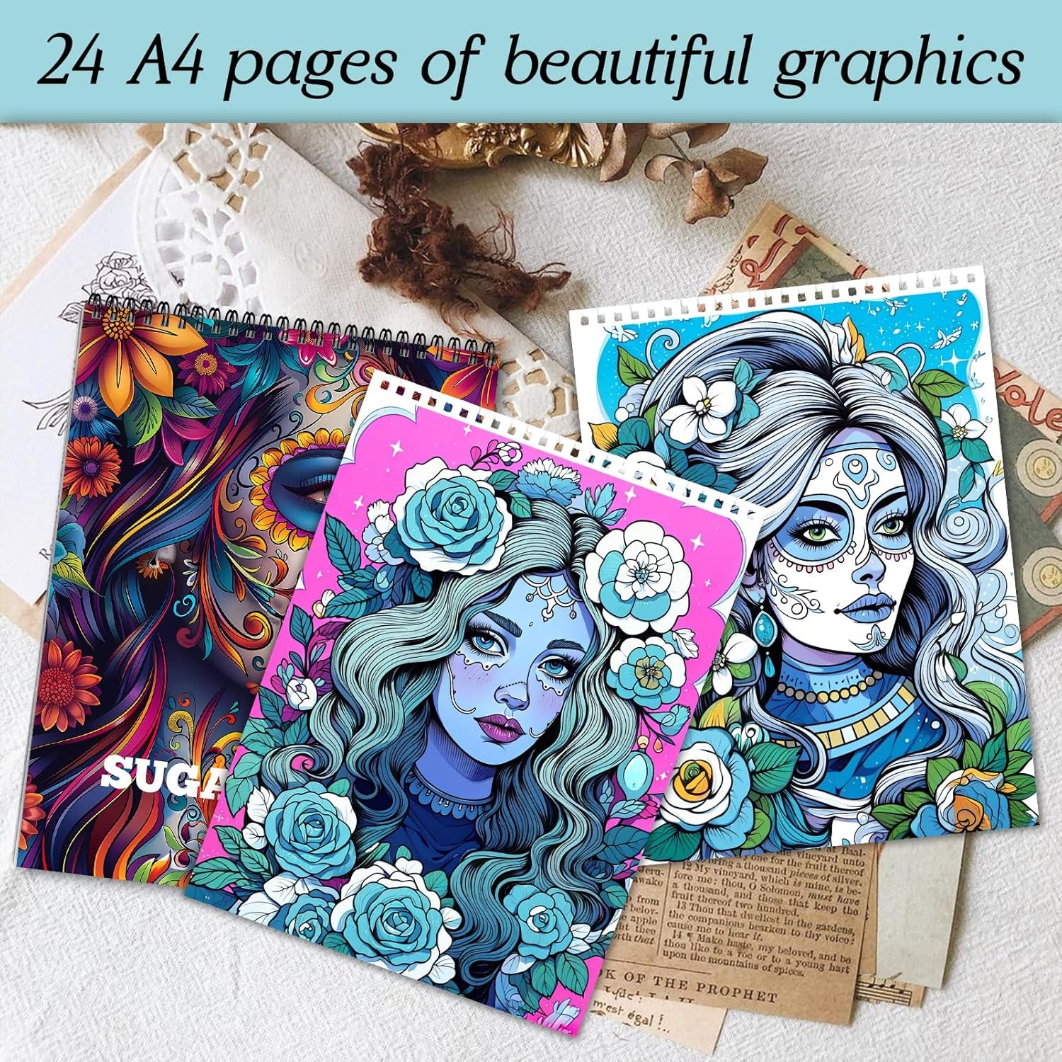 Sugar Skull Women Coloring Book for Adult Women Relaxation, Spiral Bound, Printed Single-Sided, Gifts Arts and Crafts for Women to Relax, Anxiety and Depression 24 Pages Coloring Book