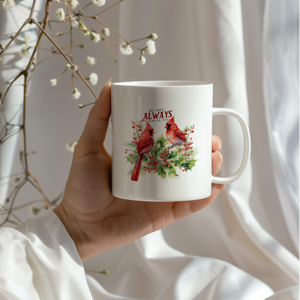 Red Cardinal Mug – Northern Red Cardinal Christmas Mug with Heartfelt Message, 11oz or 15oz White Ceramic Coffee Cup
