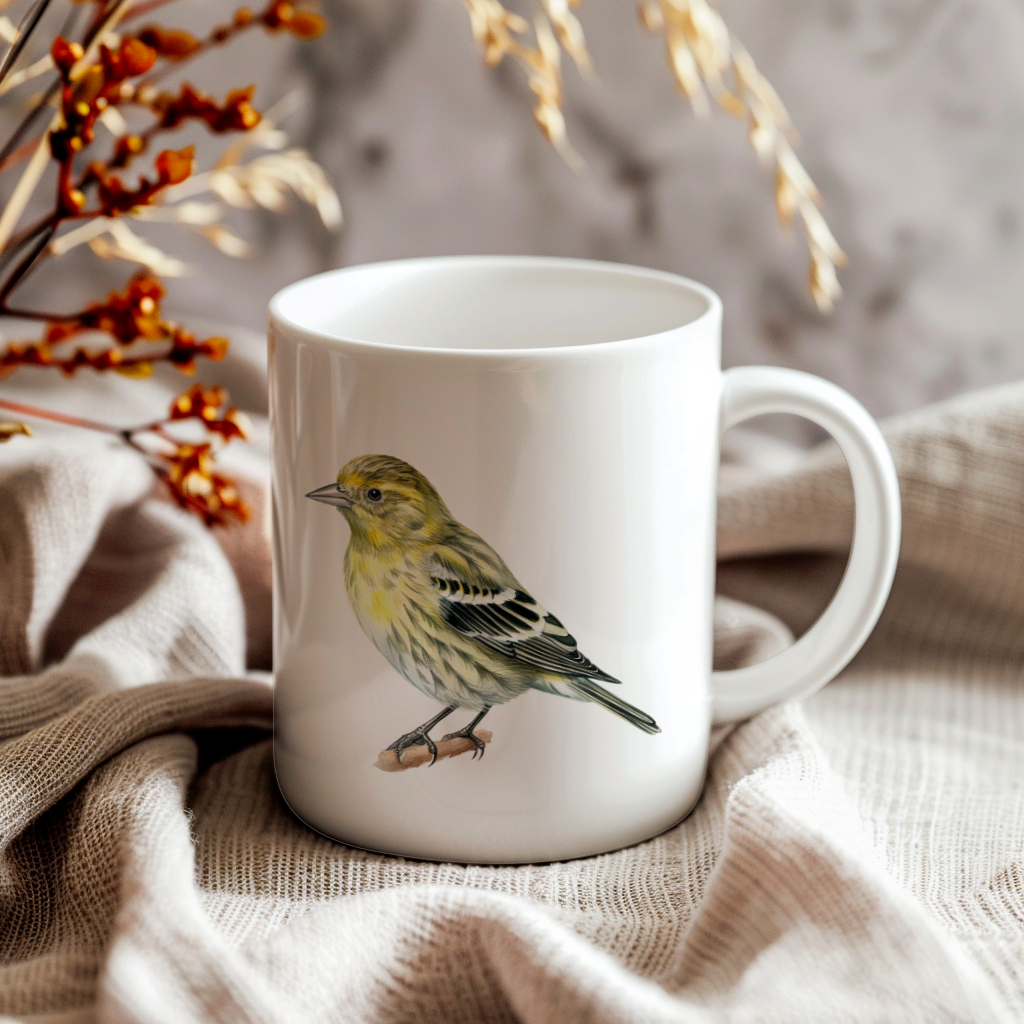 Bird Watching Mug, Pine Siskin Song Bird Mug, 11oz or 15oz White Ceramic Coffee Mug Gift for Bird Watchers