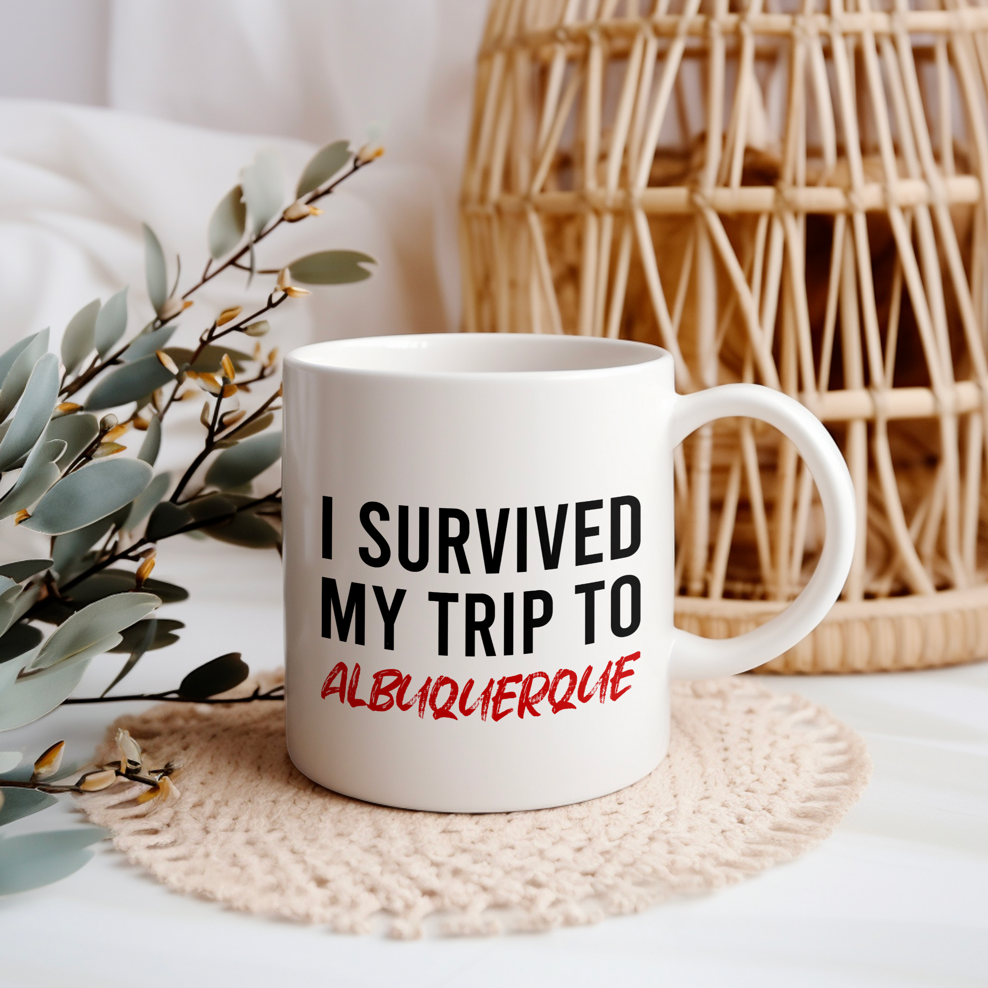Funny Travel Mug – I Survived My Trip to Albuquerque, 11oz or 15oz White Ceramic Coffee Mug, Novelty Travel Gift
