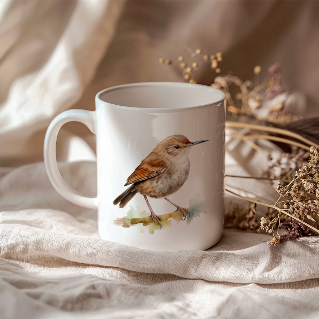 Bird Watching Mug, House Wren Song Bird Mug, 11oz or 15oz White Ceramic Coffee Mug Gift for Bird Watchers