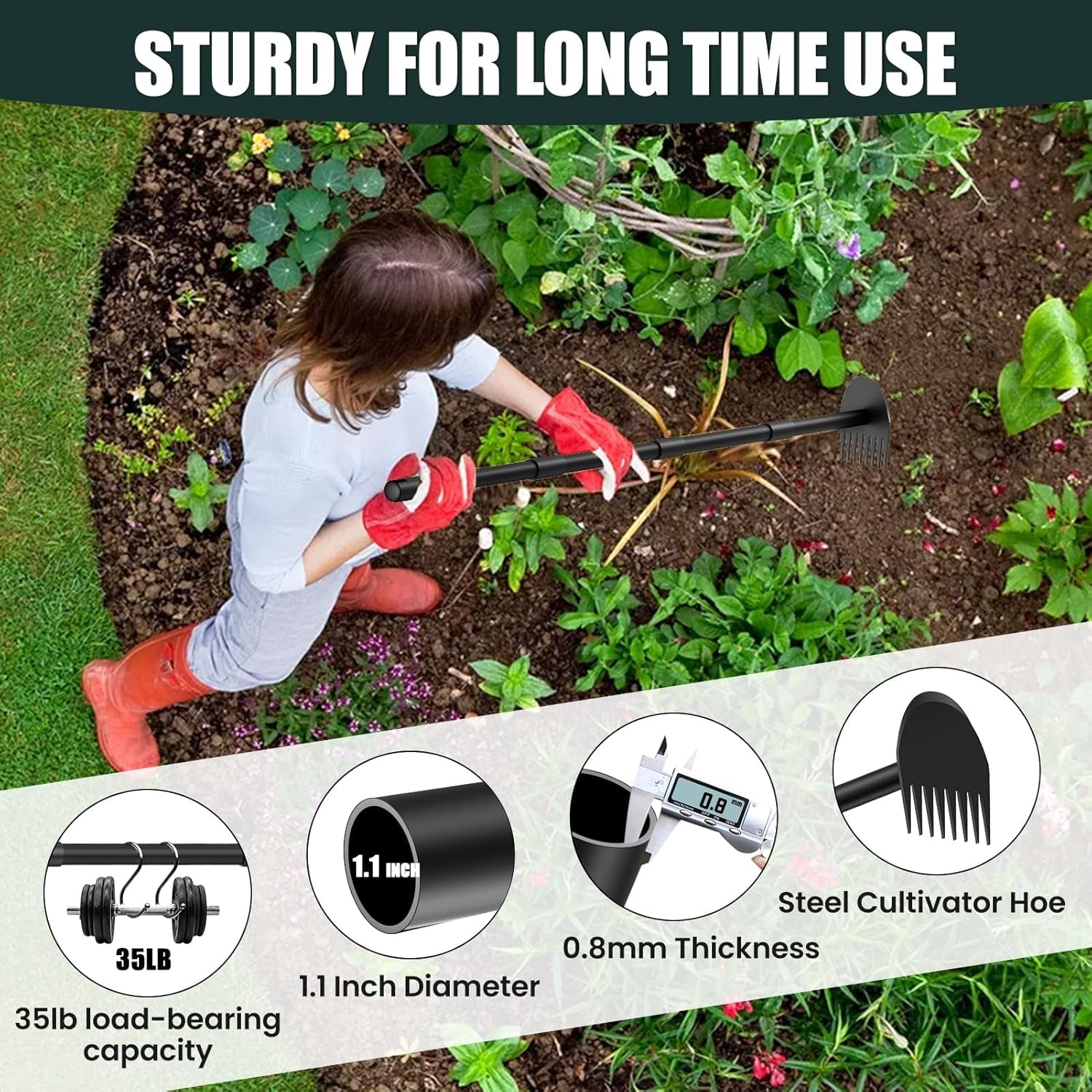 Luvenia Hoe Garden Tool 17-60 Inch 2-In-1 Adjustable Steel Handle Garden Hoe for Weeding Cultivating Heavy Duty Gardening