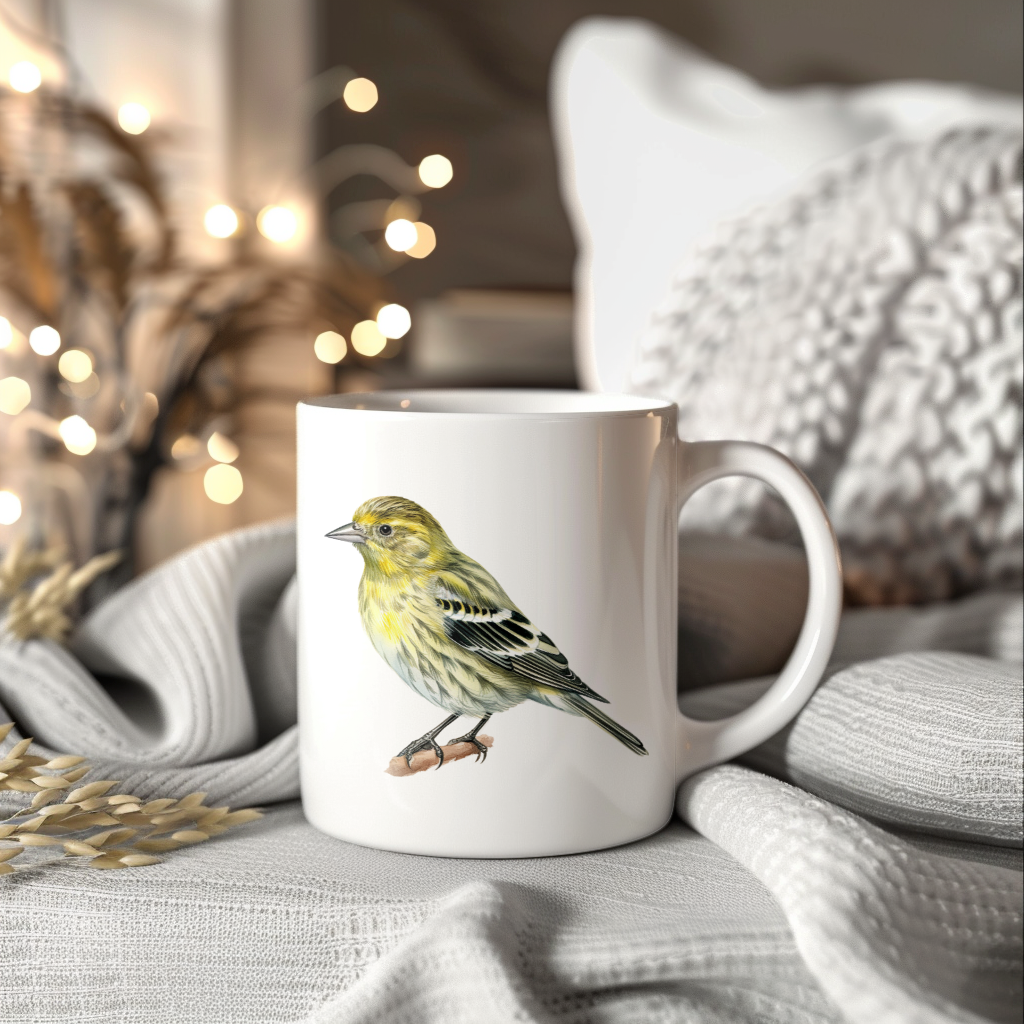 Bird Watching Mug, Pine Siskin Song Bird Mug, 11oz or 15oz White Ceramic Coffee Mug Gift for Bird Watchers