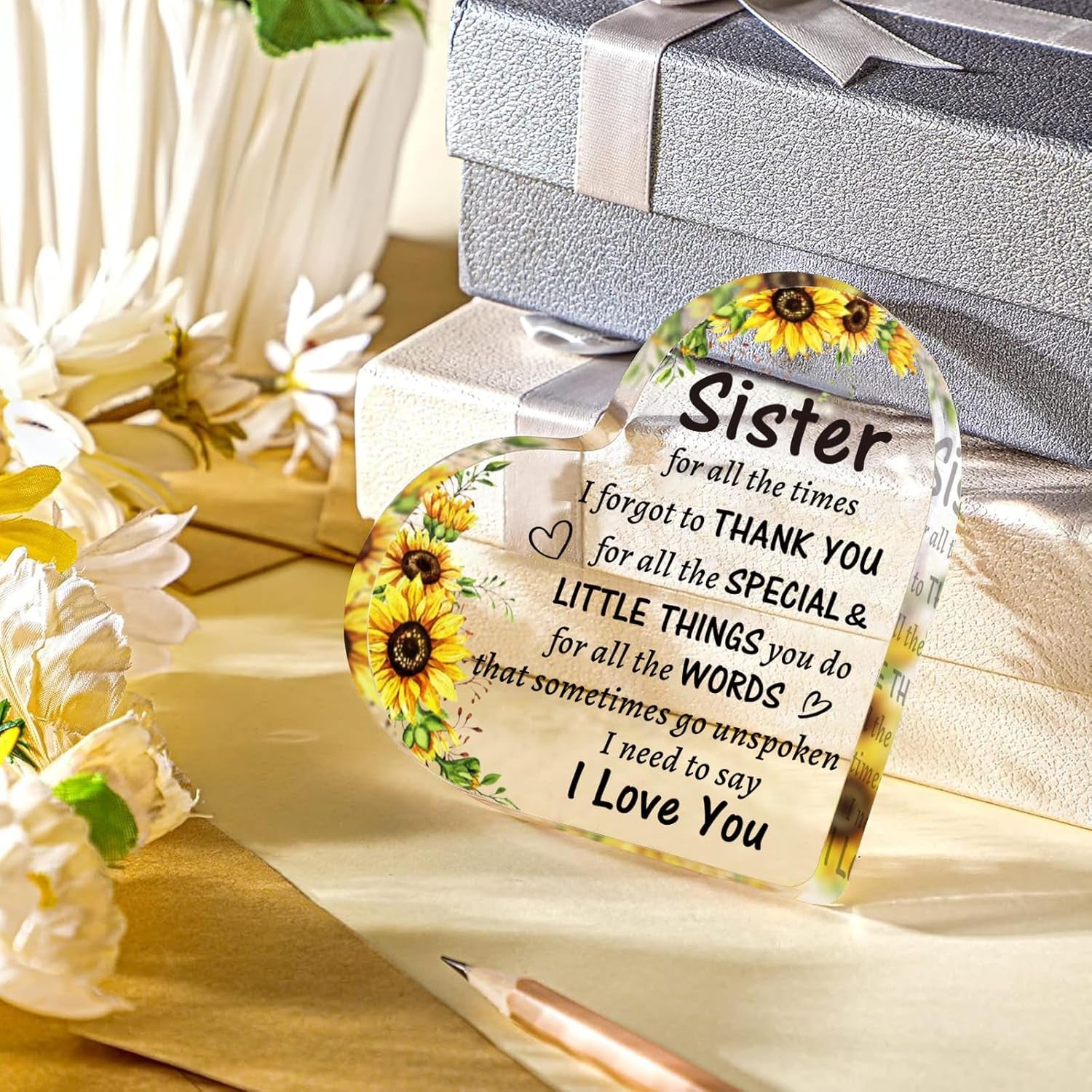 Sister Mothers Day Gifts from Sister Brother, to My Sister Acrylic Heart Sign Presents, Birthday Christmas Graduation Wedding Valentines Day Gifts for Sister
