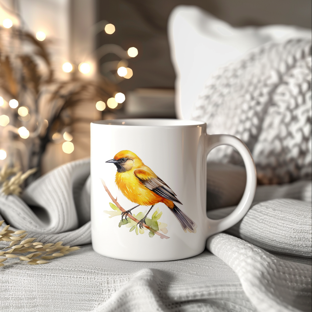 Bird Watching Mug, Orchard Oriole Song Bird Mug, 11oz or 15oz White Ceramic Coffee Mug Gift for Bird Watchers