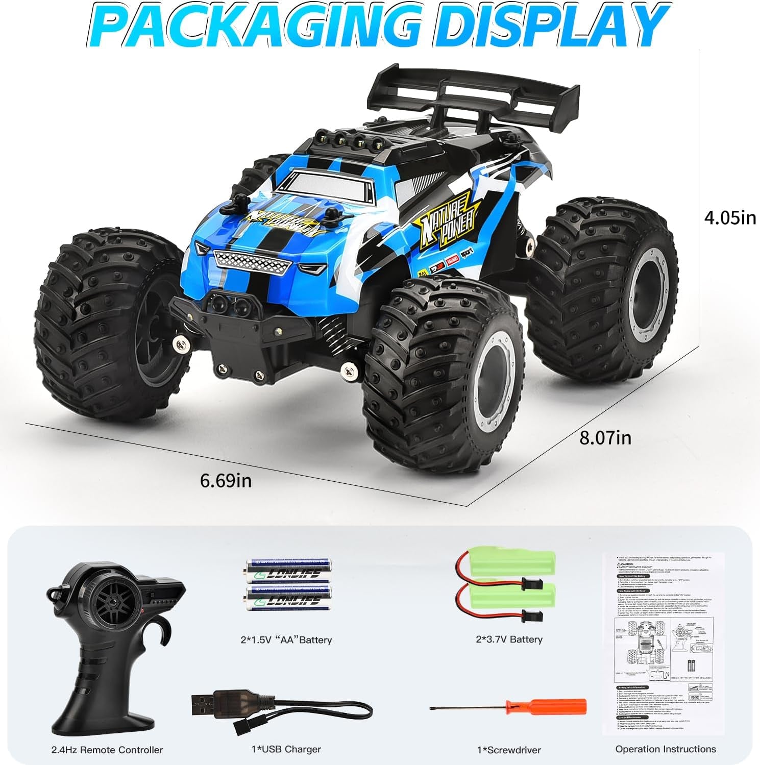 Remote Control Car, 2.4Ghz Glow-Up RC Cars with Body Lights & Headlights, 2 Rechargeable Batteries for 40 Min Play, 20 KM/H All Terrain Off-Road Monster Truck,Toys for Boys Kids Age 4-7 8-12 Xmas Gift