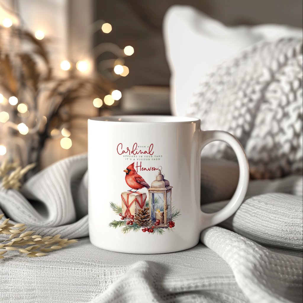Red Cardinal Mug – Northern Red Cardinal Christmas Mug with Heartfelt Message, 11oz or 15oz White Ceramic Coffee Cup