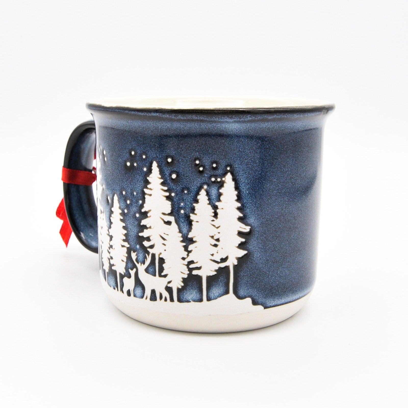 Holiday Camping Mug, Blue Ceramic 14oz Coffee Cup with Elk and Calf Winter Scene by Gingerbread Home