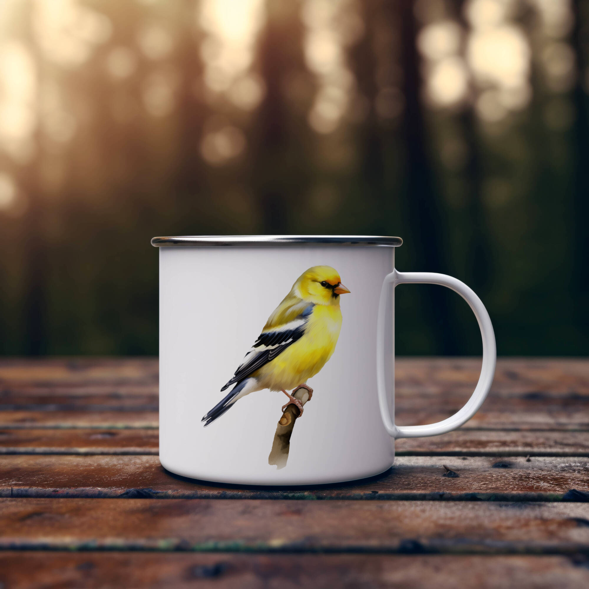 Bird Watching Mug, American Goldfinch Song Bird Camping Mug, 12oz Camping Mug, White Stainless Steel Cup with Handle