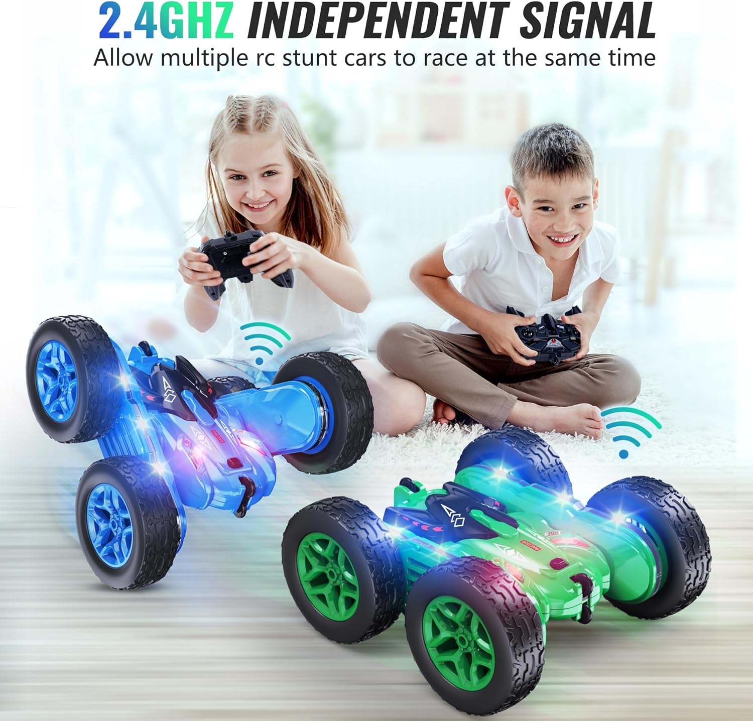 Remote Control Car, RC Cars with Strip Lights and Headlight, 2 Hours Long Battery Life, 4WD Double-Sided 360° Flips Rotating Stunt RC Car Toys, Birthday Gift for Boys Girls (Blue)