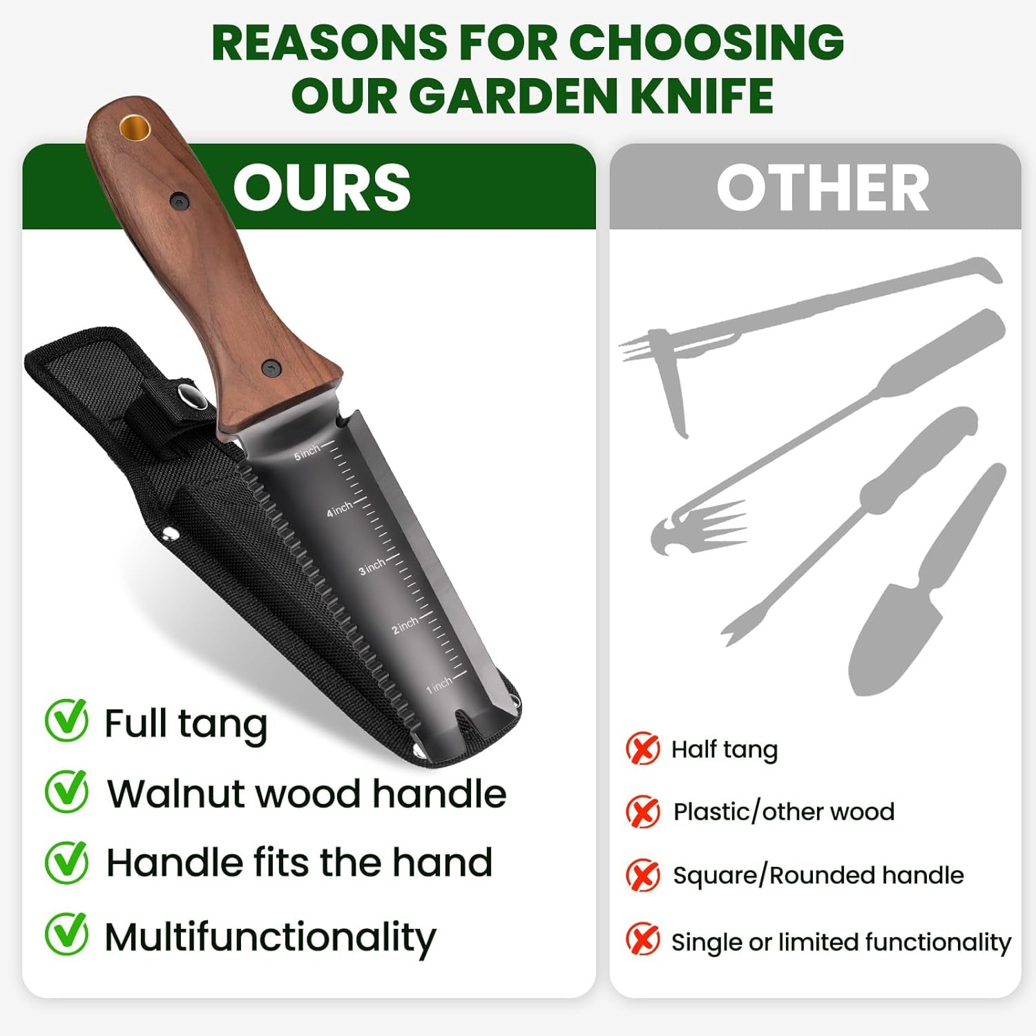 Hori Hori Garden Knife, Garden Tools with Sheath, 6" Stainless Steel Blade with Cutting Edge, Full-Tang Walnut Ergonomic Wood Handle with Hanging Hole, Weeding, Planting, Digging…