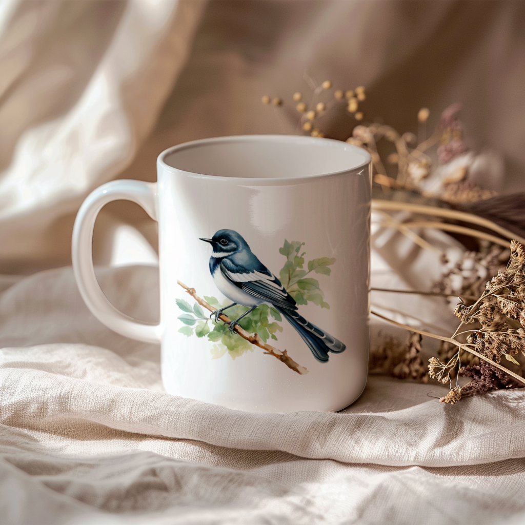Bird Watching Mug, Oriental Magpie Robin Song Bird Mug, 11oz or 15oz White Ceramic Coffee Mug Gift for Bird Watchers