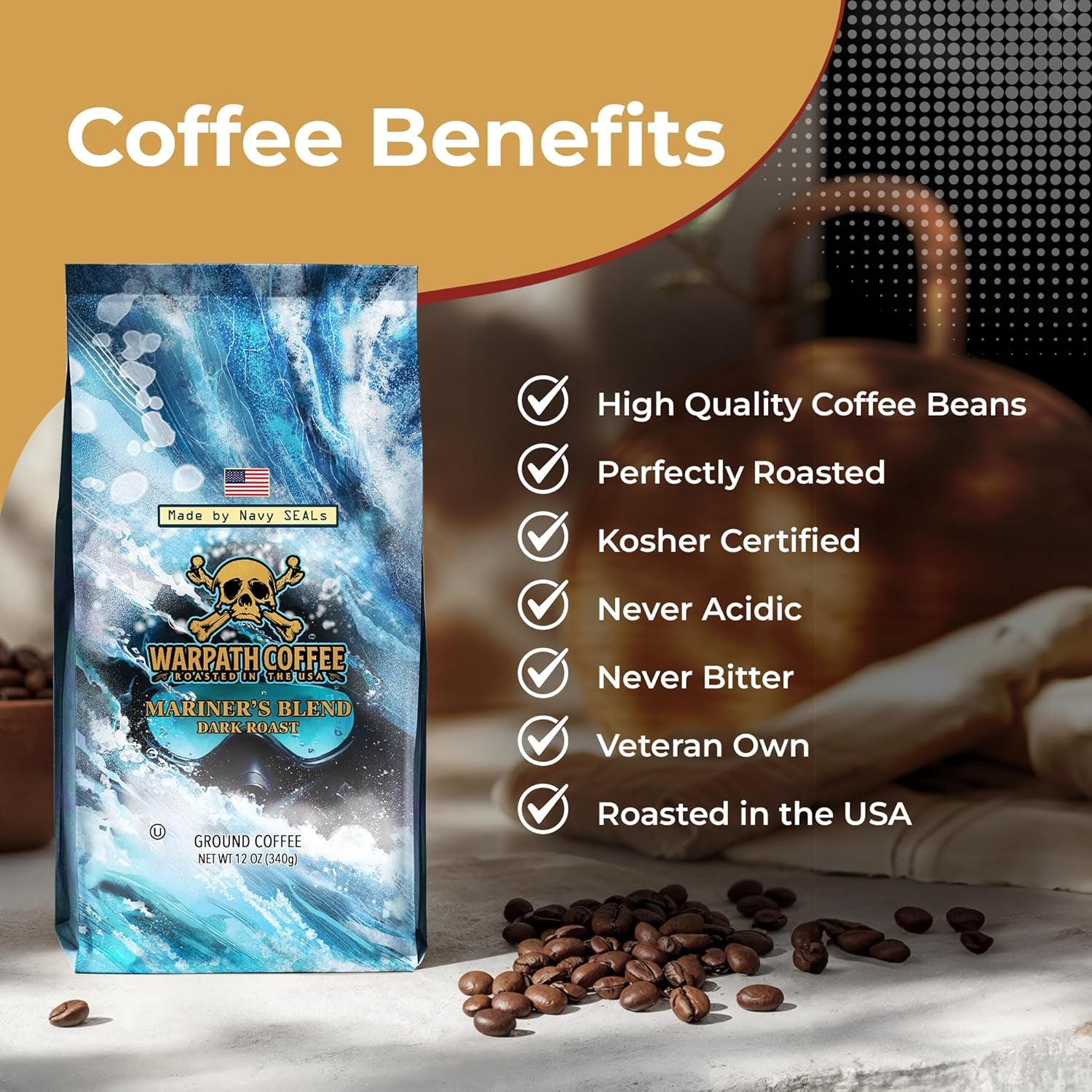 Mariner's Blend Dark Roast Coffee - High Caffeine Extra Strong 100% Arabica - Intense Full-Bodied Flavor - Crafted by Navy Seals - 12oz