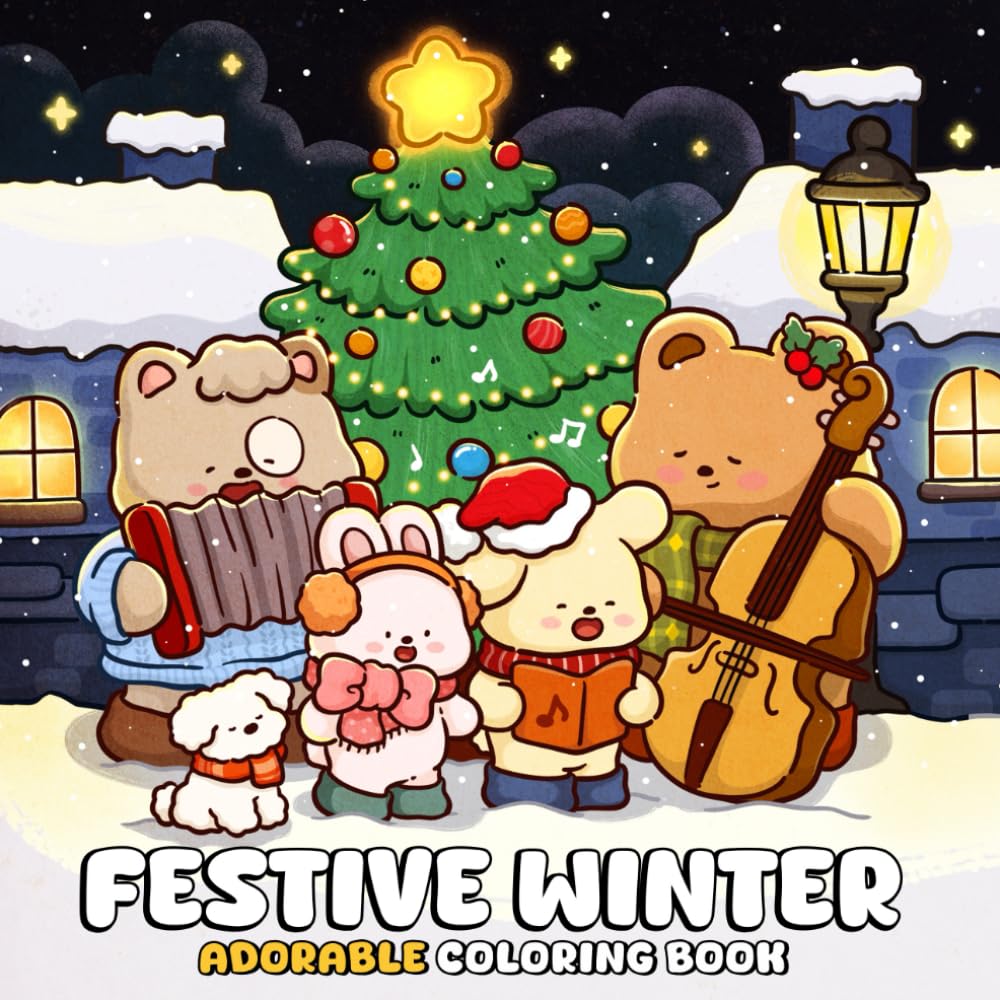 Festive Winter: A Christmas Coloring Book for Adults and Teens Featuring Cute Animals and Hygge Scenes for Relaxation