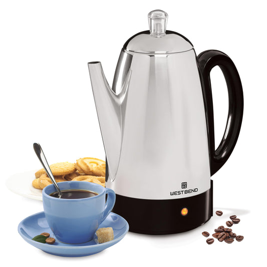 West Bend Electric Percolator Classic Style Coffee Maker with Heat Resistant Handle Base and Detachable Cord with Stainless Steel Stem and Basket, 12-Cup, Silver