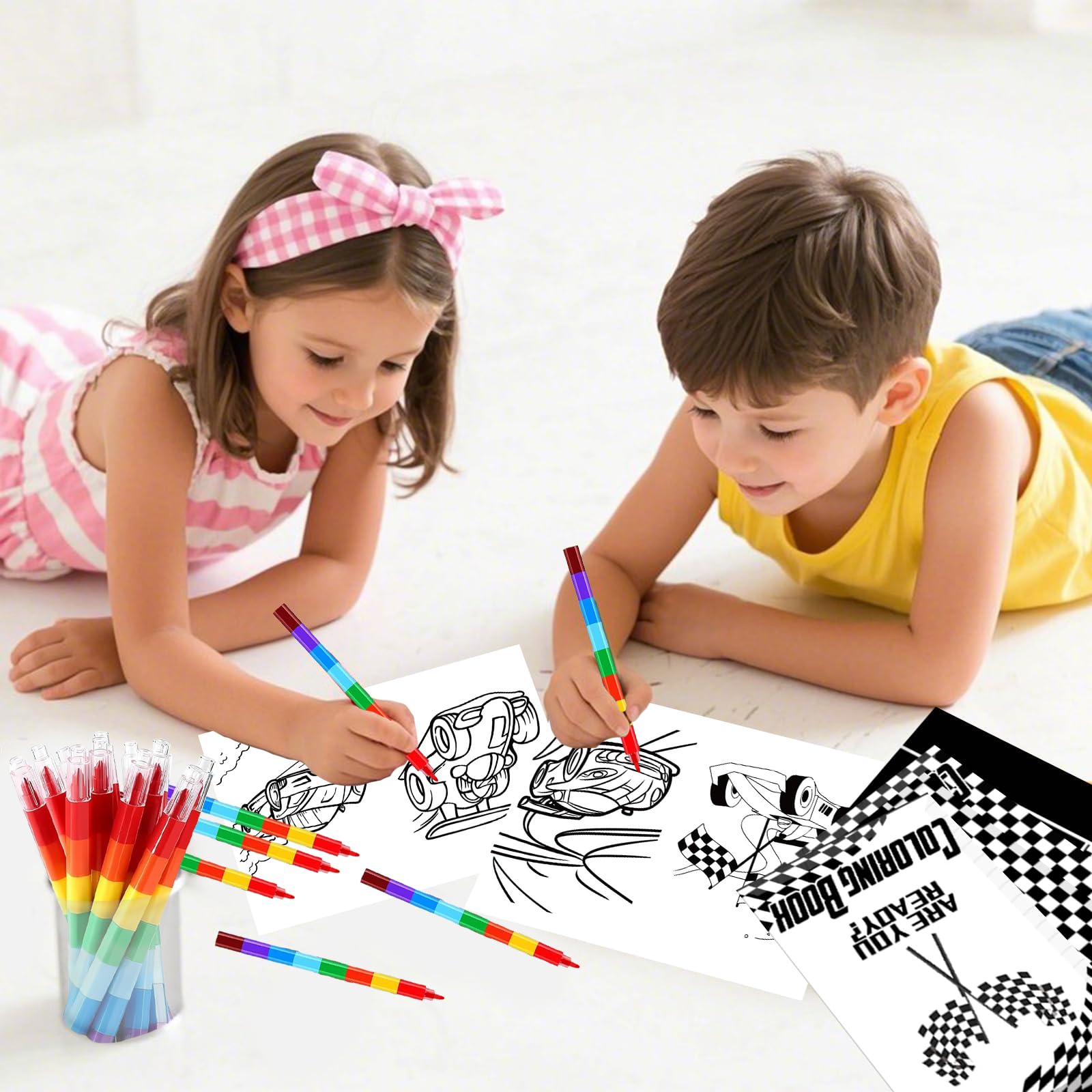 HABDJILTY 16Pcs Race Car Coloring Book Mini Coloring Books with 16Pcs Stacking Crayons Black and White Checkered Drawing Activity Book for Race Car Birthday Party Favors Supplies Painting Games Gifts