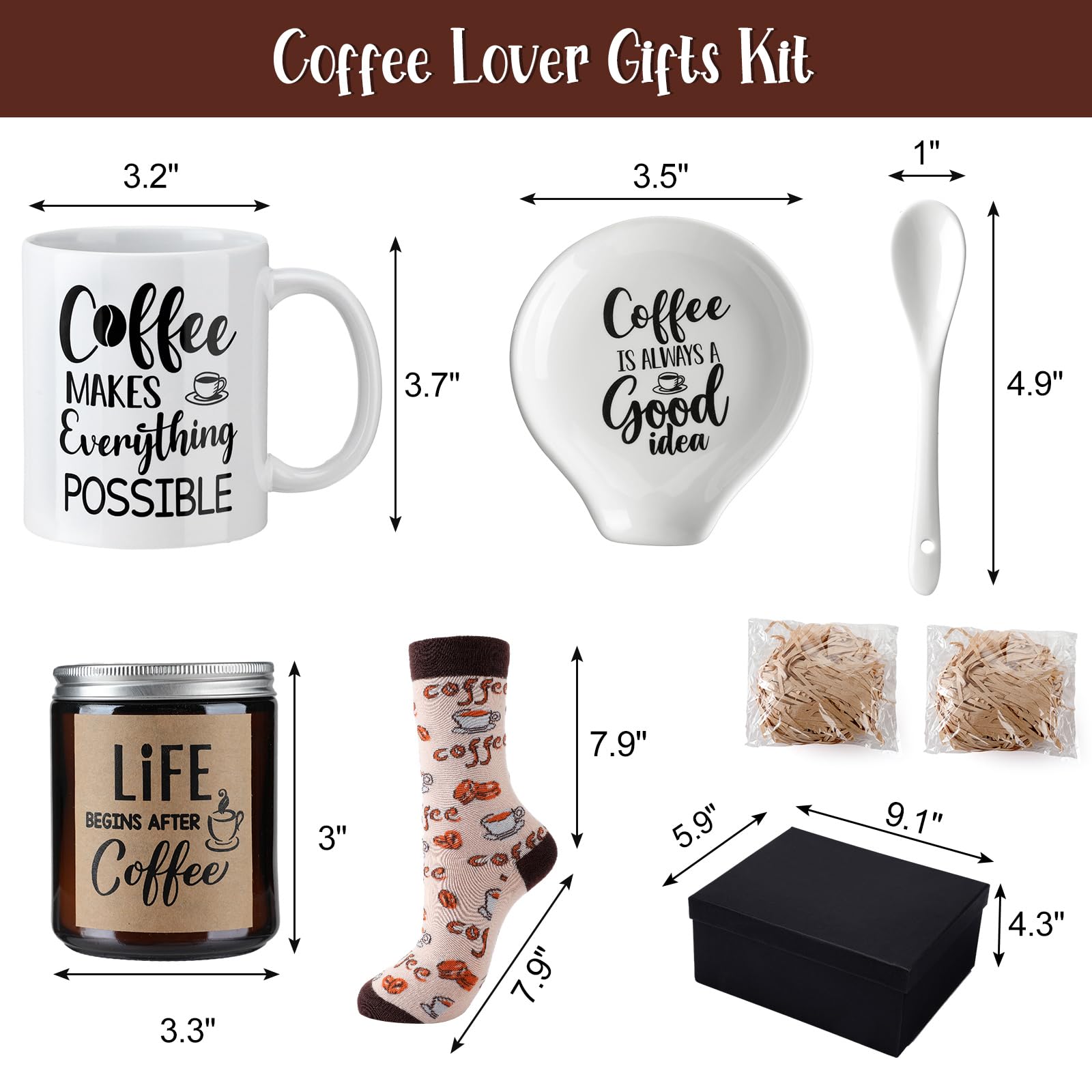 5 Piece Coffee Lovers Gift Set - Includes Mug and Spoon Rest Holder,Candle and Socks,Coffee Theme Box Basket Idea for Men Women Mother's Day Graduation Gift