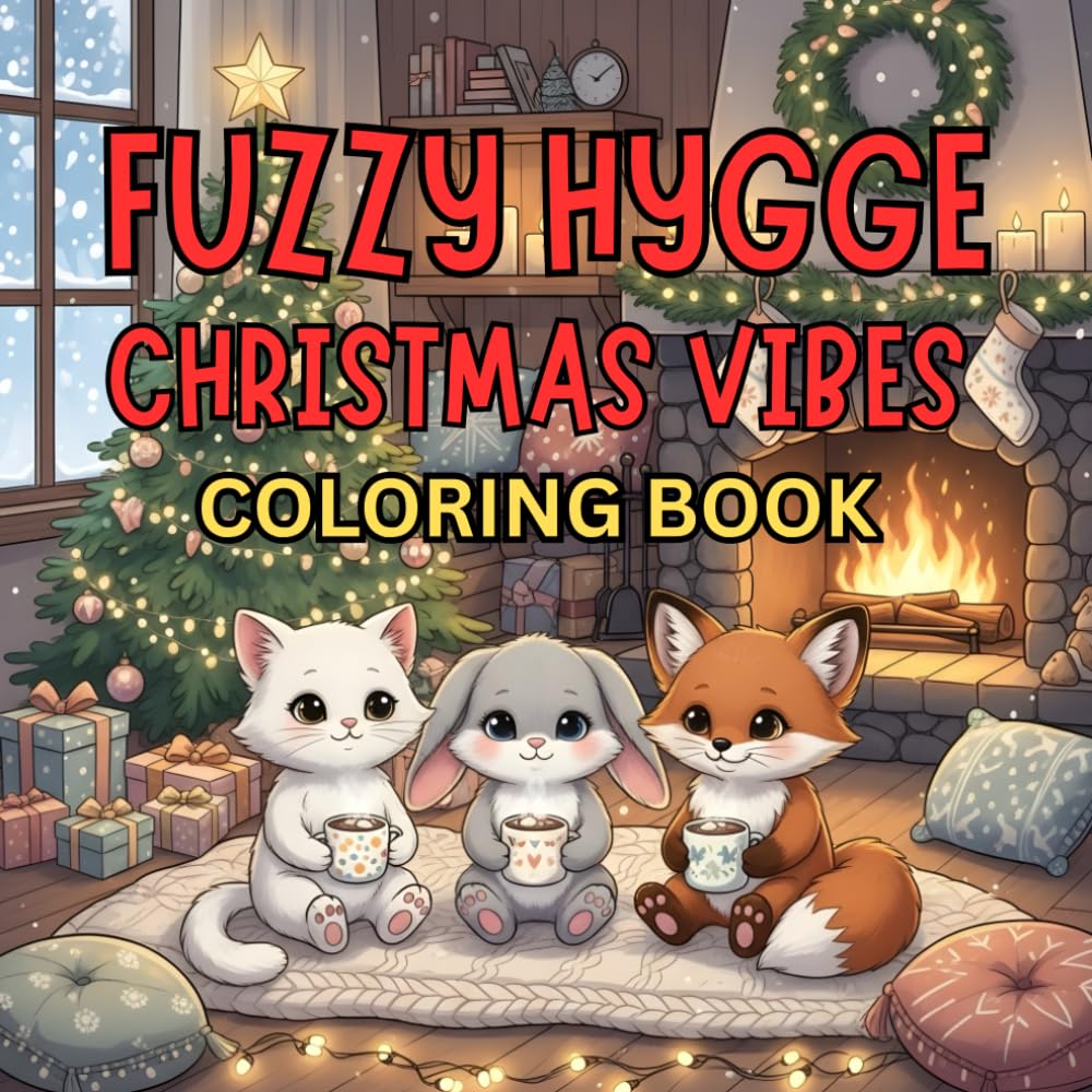 Fuzzy Hygge Christmas Vibes Coloring Book: Cozy Scandinavian Christmas Coloring Book for Adults & Teens | Relaxing Winter Hygge Scenes with Cute Animals, Fireplaces, and Festive Holiday Magic
