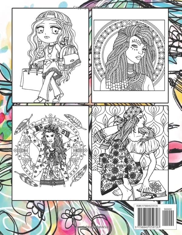 Hippie Girls Coloring Book: Beautiful 60s & 70s Groovy Hippy Women Dress Illustrations To Color And Relieve Stress | Grown Ups | Ideal Gifts For Friends & Family