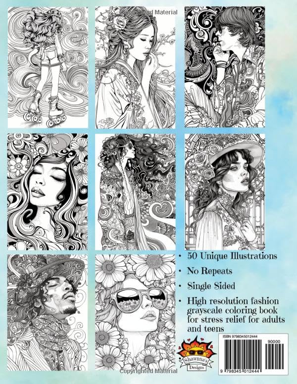Art Nouveau Seventies Fashion Coloring Book Volume 1: 8.5" x 11" Large Size | Grayscale | For Adults and Teens | AI-Generated Illustrations | 50 Unique Designs | Single Sided with No Repeats