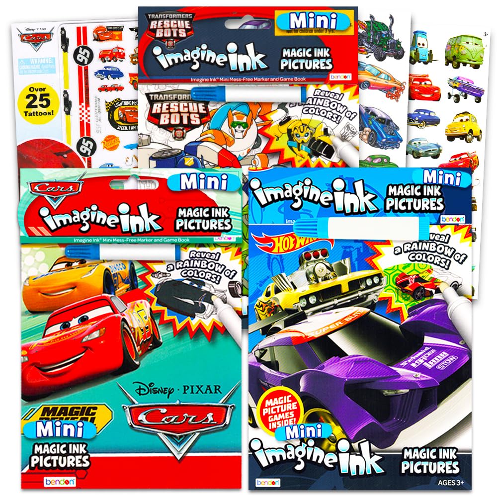 Disney Cars, Transformers, Hot Wheels Magic Ink Coloring Book Set Kids Toddlers - Bundle with 3 Imagine Ink Coloring Books with Invisible Ink Pens, Cars Temporary Tattoos and Cars Stickers