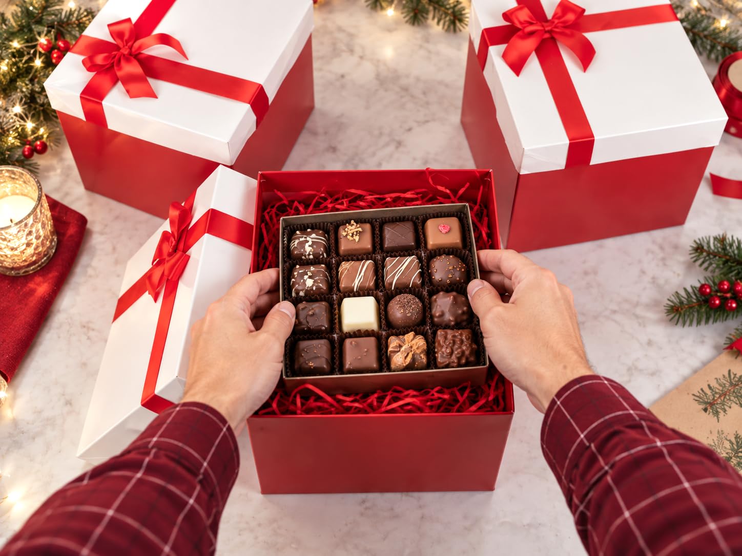 Red & White Christmas Gift Boxes with Lids, 5 Pack