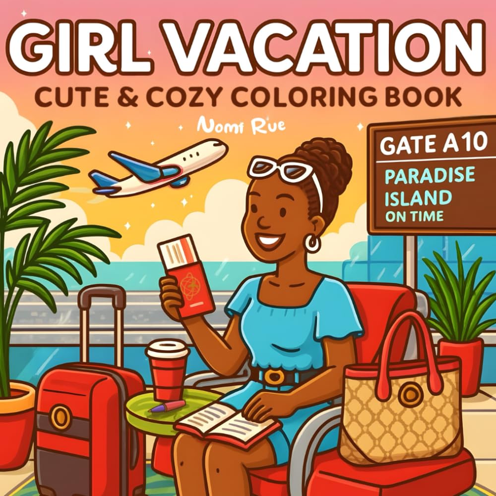 Girl Vacation: A Cozy Black Girl Coloring Book For Women And Teens | 40+ Bold & Easy Full Scenes Pages of Cozy Getaways, Solo Travel, Soft Life Vacay, Self-Care Moments & Travel Accessories